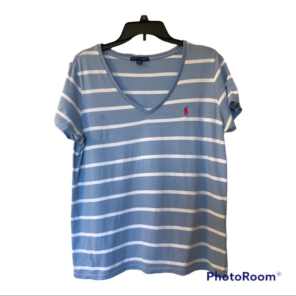 Perfect Ralph Lauren Light Blue and White Striped Short Sleeve Tee Size XL